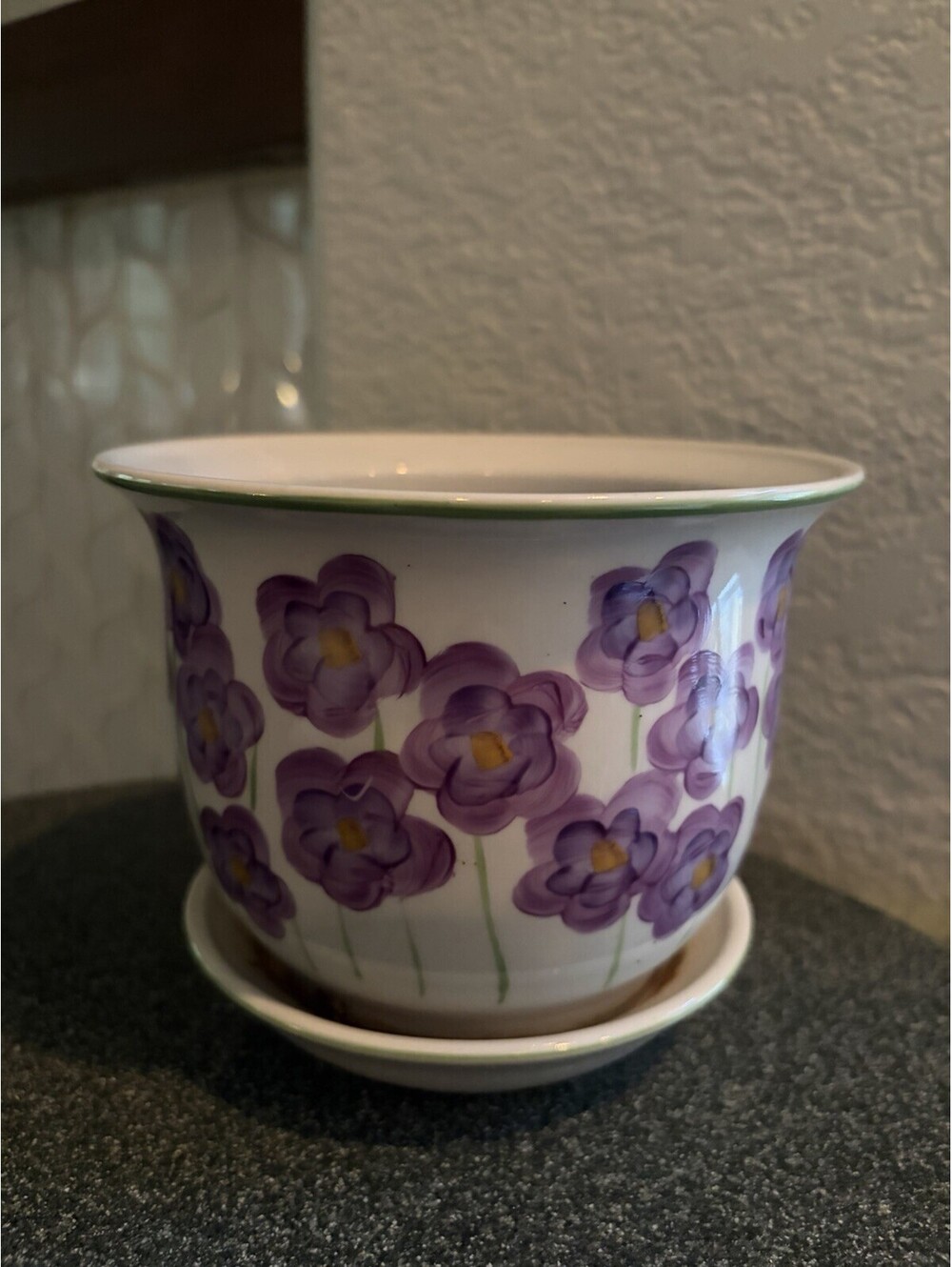 Norcal Pottery Planter With Attached Drain Dish Purple Flowers EUC